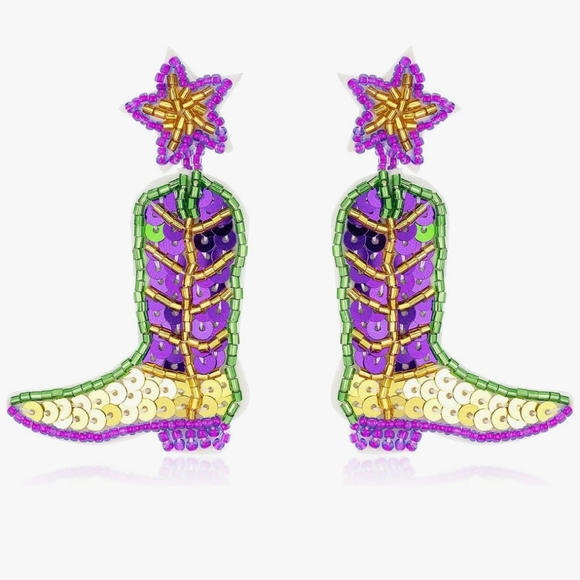 Cowgirl Boots Earrings Mardi Gras Earrings Western Beaded New Orleans Nola - Picture 6 of 9
